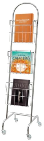 Fermoirper Prospektständer aus Metall, 3 Etagen, Zeitschriftenständer mit Rollen, für Büro, Geschäft, Restaurant, 30 x 35 x 138 cm, silberfarben