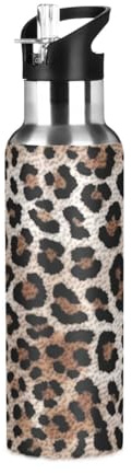 Fuauuyl Borraccia termica in acciaio inox con stampa leopardata, a prova di perdite e sudore, con cannuccia, per palestra, sport all'aperto, 1000 ml