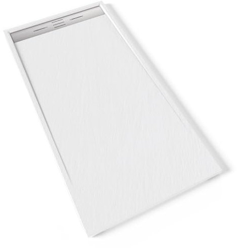 HIEMAL INOX Receveur de douche 90 x 180 cm résine Blanc aspect ardoise + bonde inox incluse - Salle de bain