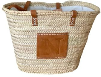 Capazo inicial personalizado playa - Capazo mimbre bolso playa inicial personalizada con forro interior -Bolso de palma con letra de cuero mediano - Cesta mimbre letra asas de piel