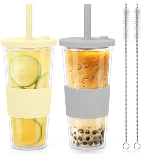 Lot de 2 gobelets avec couvercle et paille - 710 ml - En plastique anti-fuite - Avec couvercle et paille - Réutilisables - Double paroi - Pour thé à bulles