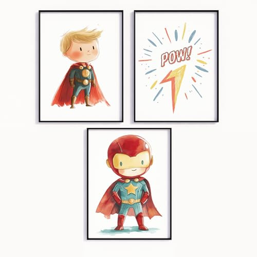 MJ-GRAPHICS® Poster Set Superhelden Bilder Affirmation Kinderzimmer Wandbilder FineArt Druck A4 Jungen Deko Superheld Poster Illustration Pow Comic Kinder Deko für Babyzimmer Spielzimmer ohne Rahmen