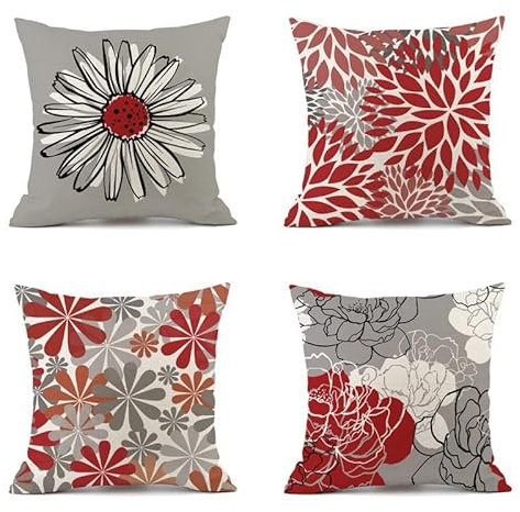 Hopomoon Kissenbezug 45 x 45 4 Stück Modern Floral Dekoration Grau Rot Gänseblümchen Kissen Dekorative Floral Kissenhülle für Haus, Sofa, Outdoor Dekoration