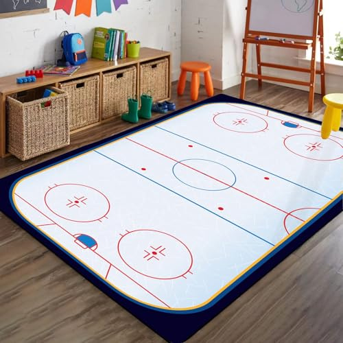 SMXVRC Eishockeystadion Schlafzimmerteppich, 80x150cm, Rot Blau Eishockey Sportveranstaltungen rutschfeste Teppiche, Hochwertiger Drucken Dünn Maschinenwaschbar Teppich für Familie Terrasse