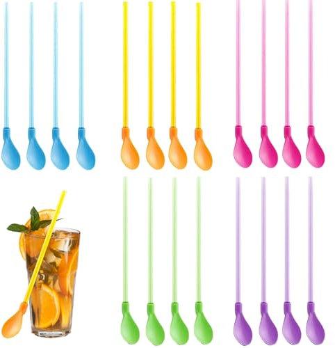 20 Pieces Slushie Straws, Colored Straw Spoon 2 in 1, Reusable Slush Straws Spoon for Smoothie, Milkshake, Cocktails, Coffee and Hot Drinks