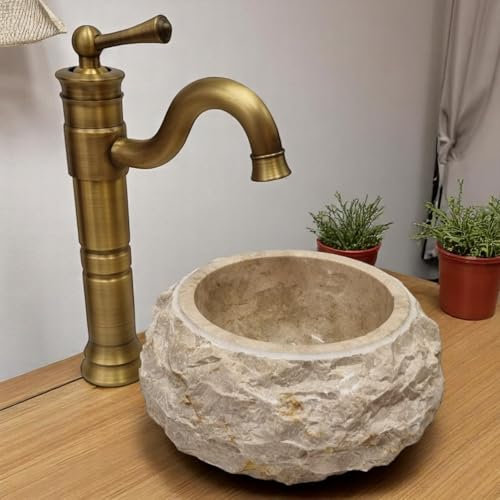 Kinaree Lavabo à poser en marbre Brisstein - Vasque en 3 tailles - Lavabo autoportant en marbre clair (Ø 25 cm)