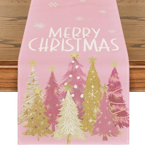 BSITSSS Tischläufer Weihnachten, Rosa Weihnachts Tischläufer, Weihnachtsbaum WeihnachtenTischläufer, Weihnachtstischläufer, Weihnachtsläufer Tisch ür Die Tischdekoration zu Hause,33 x 183 cm