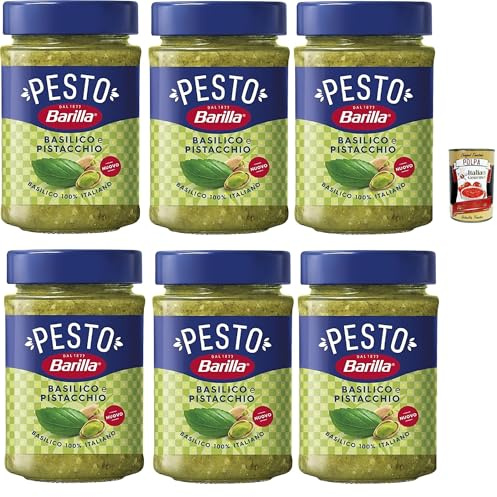Italian Gourmet Pesto Basilico e Pistacchio 6 x 190g, Pastasauce Glas-Set | Salsa pronta dal gusto intenso; mit italienischem Basilikum, fein nussig, Gesamtnettogewicht 1,14 kg + Kostenlos Polpa 400g