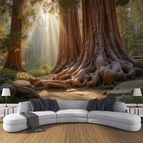 Fototapete - Seide Redwood Sonnenschein 250 x 175 cm - Foto Tapete Schlafzimmer Wohnzimmer Wandtapete Bildtapete Wand Dekoration - Natürliche Landschaft
