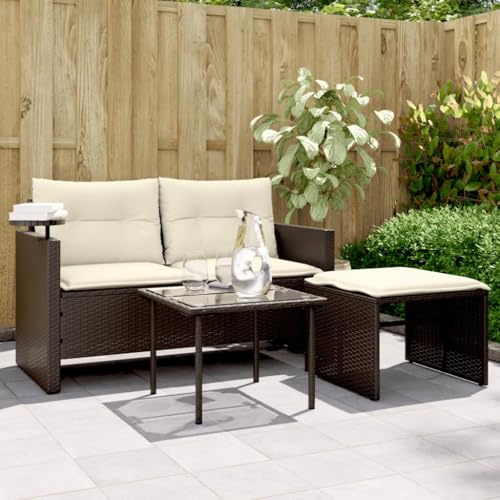 Runheo 3-TLG. Garten-Sofagarnitur, Braun Poly Rattan, 130x55x68cm, UV-beständig, mit Kissen, Beistelltisch & Hocker, Outdoor Möbel Set für Terrasse, Garten