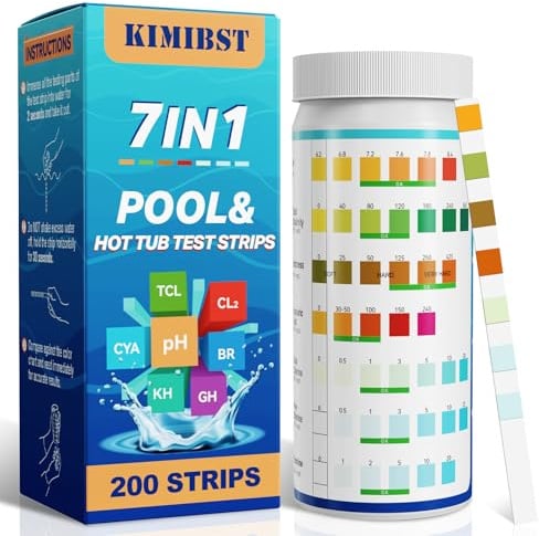 KIMIBST Pool-Teststreifen: 200 Stück 7-in-1 Professionelles Tester für Whirlpools und Spas zur Messung von Brom pH-Wert Gesamtchlor Härte Cyanursäure und mehr
