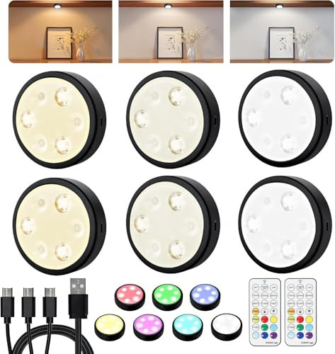 USB Aufladbar LED Spot Akku, 2000mAh Aufladbar Puck Lights mit Fernbedienung, 7 RGB und 3000K/4500K/6000K Vitrinenbeleuchtung, Magnetische Dimmbare Schrankbeleuchtung für Schränke, Küche, Regale