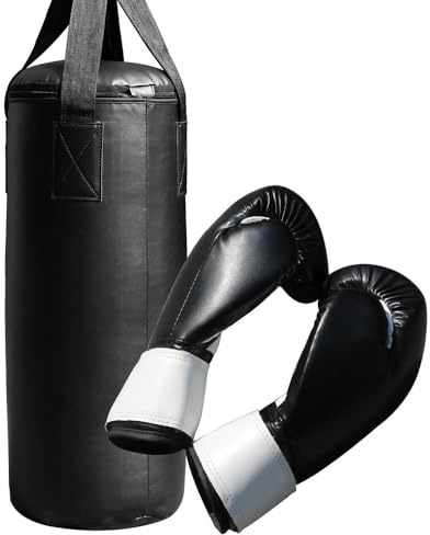 Mucola Boxsack Sandsack Set Boxhandschuhe 9 kg gefüllt Stahlkette Schwarz | Kunstleder, Karabinerhaken für Befestigung an Decke oder Halterung, für Kickboxen und MMA, Heimtraining ohne Fitnessstudio