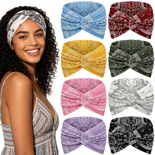 Awumbuk Fascia per capelli da donna, 7 pollici, extra larga, incrociata, set da 8 pezzi, stile bohémien, multicolore, elastica e morbida, per sport, cosmetici (motivo cachemire lilla)