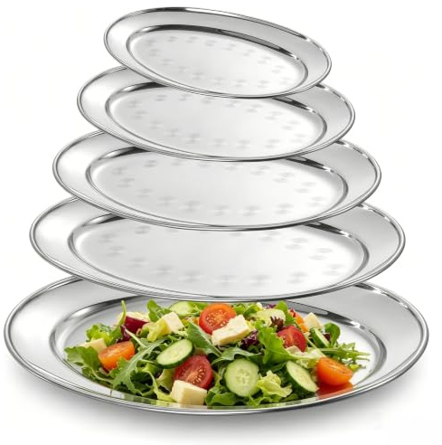 5 Pz Bandejas Ovaladas, Plato Acero inox Servicio Decora 21/25/30/34/39 cm | Bandejas para Servir Comida Platos Fríos para Fiestas,Restaurantes,Celebraciones Familiares