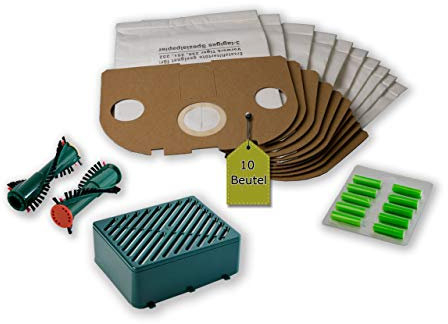 eVendix Kit de filtres compatibles avec Vorwerk Tiger/Kobold 251 252 : 10 sacs d'aspirateur + 2 brosses rondes ET 340 EB 350 351 F (1 paire) + 1 filtre anti-odeurs actif + 10 bâtonnets parfumés