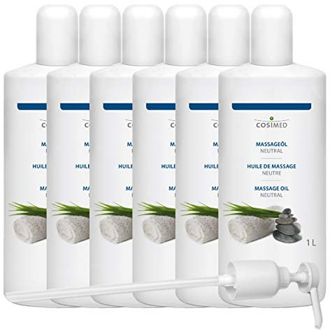 CosiMed Massageöl neutral, Bundle 6 x 1 Liter Flasche, mit Dosierpumpe