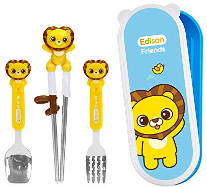Edison Friends - Juego de 4 palillos de entrenamiento para niños con tenedor para diestros, color azul