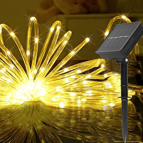 eaaerr Solar Lichterkette Aussen 12M 100LED Lichterschlauch Lichterkette Garten, Wasserdicht 8 Modus LED Schlauch Lichterkette für Weihnachten, Balkon,Terrasse,Hof,Bäume,Hochzeit,Party(Warmweiß)
