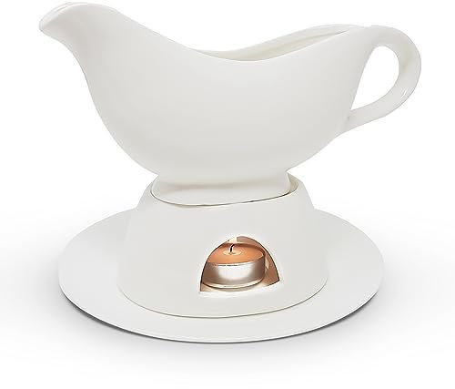 KOVOT 13 Ounce Gravy Boat, Warming Stand & Tray | Ceramic White Gravy Dish With Tealight Warming Option