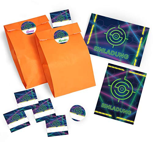 12 Einladungskarten Geburtstag Kinder Lasertag für Mädchen Jungen Jungs Einladungen Kindergeburtstag incl. 12 Umschläge, 12 Tüten/orange, 12 Aufkleber