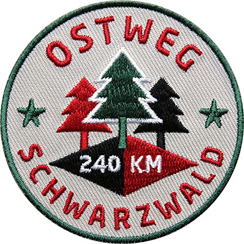 2 x Ostweg Schwarzwald gestickt 65 mm, Aufnäher Aufbügler Bügelflicken/Pforzheim Schaffhausen Alpirsbach Wutach Nationalpark Nord-Schwarzwald/Wandern Wanderweg Weitwanderweg Westweg