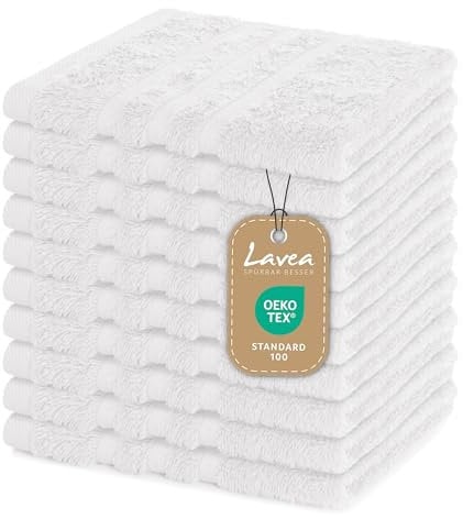 Lavea® 10er Set Seiftuch 30x30 cm – Hochwertige Gästehandtücher 30x30 aus 100% Baumwolle, Frottierserie Elena – Saugstark, Waschbar und Strapazierfähig - Weiß