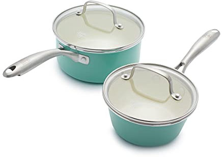 GreenLife Artisan Healthy Ceramic Nonstick, 1QT and 2QT Saucepan Pot Set with Lids, Stainless Steel Handle, PFAS-Free, Dishwasher Safe, Oven Safe, Turquoise