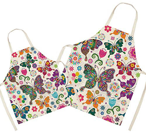 Schmetterling passende Schürze für Eltern und Kind zum Kochen, Malerei, Gartenarbeit - schöne Muster-Leinen-Eltern- und -Kind-Schürze für die Familienzeit, Mutter-Vater-Tochter-Sohn-Küchenschürze