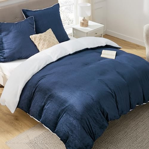 BEDSURE Flauschige Bettwäsche 155x220 Blau - Winter Bettbezug Fleece mit 2 Kissenbezüge 80x80 cm, Warme Bettwäsche-Sets mit Reißverschluss, Waffelpique Winterbettwäsche für Doppelbett