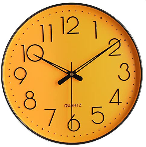 Topkey Wanduhr 12 leise Nicht tickende arabische Ziffernuhr runde dekorative Wanduhr für Büro, Wohnzimmer, Schlafzimmer, Küche (Batterie Nicht enthalten) Gelb