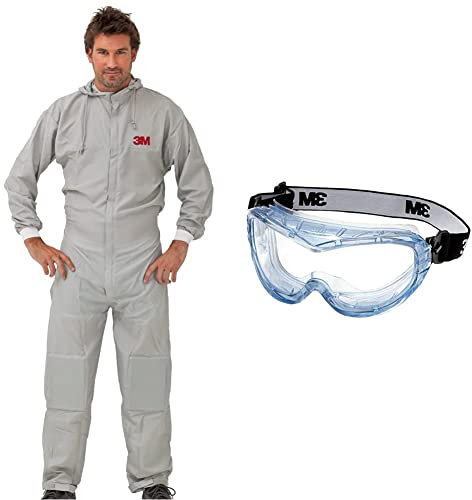 3M Mehrweg-Schutzanzug 50425XL, grau+blau, Gr. XL, CE Kategorie & Vollsichtschutzbrille Fahrenheit FheitAF – Schutzbrille mit AS, AF & UV Beschichtung