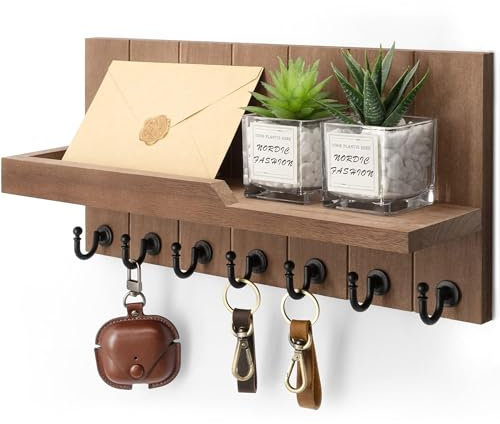 Rebee Vision Porte-clés mural – Organiseur de courrier rustique pour maison, cuisine, entrée avec 7 crochets robustes (marron rétro)
