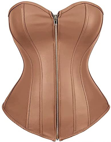 Jutrisujo Korsett Braun Corsage Top Brown Corset Bustier Leder Reißverschluss Damen Halloween 7XL