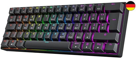 GK61 Teclado mecánico para gaming en caliente, 62 teclas, retroiluminación LED RGB multicolor para jugadores de PC y Mac. Disposición alemana ISO (Gateron Optical Black, Negro)