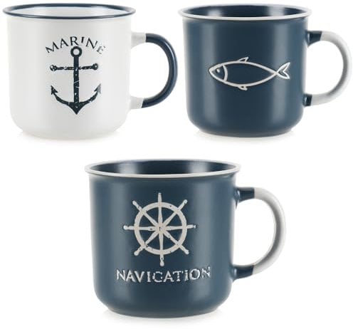 COM-FOUR® 3x Tazas de café de cerámica - Tazas de café marítimas para el hogar y la Oficina - Cafetera para Bebidas frías y Calientes [la selección varía]
