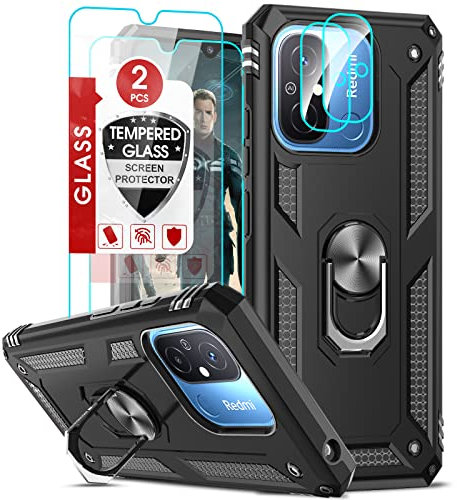 LeYi Hülle für Xiaomi Redmi 12C/12 C/Redmi 11A Ständer Handyhülle mit 2 Schutzglas 2 Kamera Folie,Militär Standard Stoßfest Case Metall Ring Fallschutz Handy Hüllen Outdoor Schutzhülle Schwarz