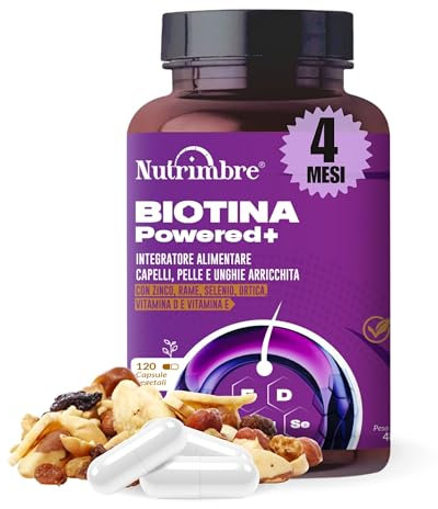 NUTRIMBRE - Biotina Capelli, Unghie e Pelle - 120 Capsule per Crescita Capelli - Integratori per Capelli a Base di Biotina, Zinco Selenio - Integratore Vitamine H, D, E