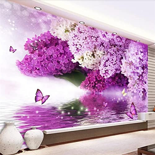 GIVLWF Papier Peint de 3D Fleurs Violettes Papillon Au Bord Du Lac, Photo Paysage Panoramique Déco Mural - pour Salon Chambre D'Enfant Décoration Murale 150 x 105 cm