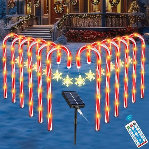 FLSEPAMB 8 Lichtmodi Zuckerstangen Beleuchtet Außen,10 Pack Solar Zuckerstangen Außen mit Schneeflocke,2 Lademodus wasserdichte Zuckerstangen Lichterkette Outdoor,Zuckerstangen Lichter(Solar Powered)