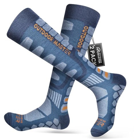 OutdoorMaster 2 Paar Unisex Merinowolle Kompression Skisocken für Damen & Herren, OTC Design/Anti-Rutsch-Bündchen Atmungsaktive Winter Thermal Socken für Snowboarden
