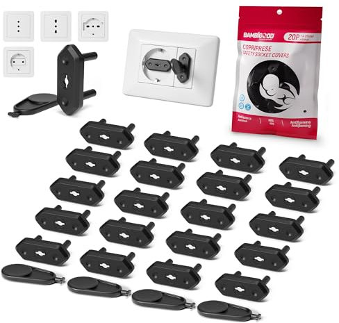 BAMBIGOOD® Set 20+4 Copriprese per Bambini Nere - Protezione Prese Corrente 10A e 16A, Copri Presa Elettrica Universali, Tappi Antiscossa Shuko, Sicurezza Casa, Protezioni per Bambini Certificate