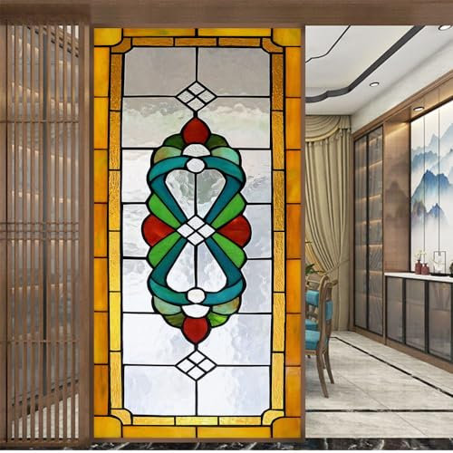 Acmore Fensterfolie, Frosted Buntglas-Muster, Wärmeregulierung, Anti-UV-Schutz, Fensteraufkleber, kleberfrei, statisch haftend, Fensterdekoration, B 23,6 x H 72,8 (60 x 185 cm)