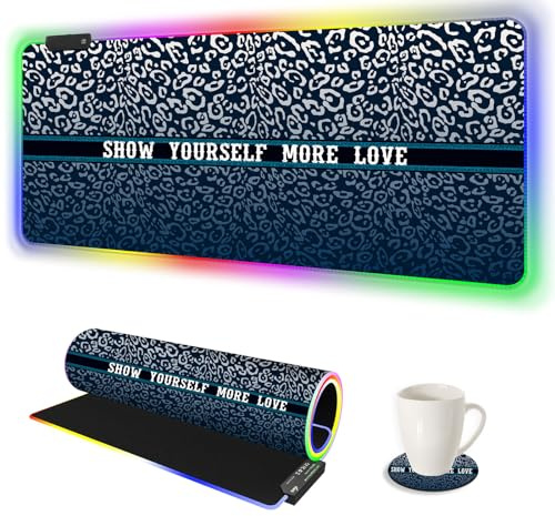 AIMSA Tapis de souris de jeu à DEL RVB, 14 modes lumineux, extra large, bleu marine, imprimé léopard, 90,9 x 40,1 cm, tapis de souris étanche étendu, pour clavier - Montrez-vous plus d'amour