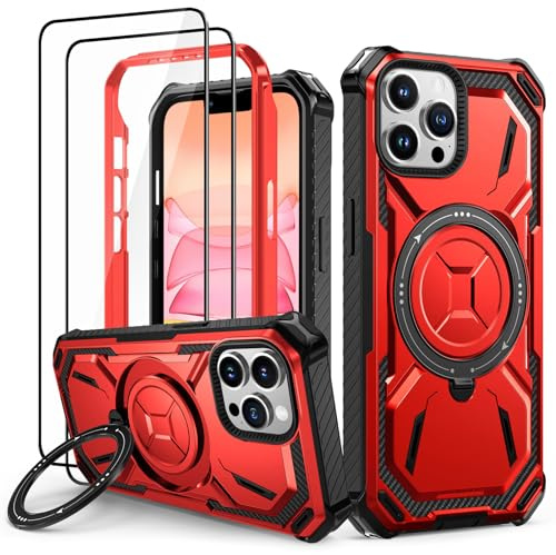 Lanhiem Antigolpes Armor Funda para iPhone 13 Pro MAX, Rojo | 360° Soporte Giratorio, 2X Cristal Templado, Antigolpes Protección Militar, Resistente Antichoque, Esquinas Reforzadas