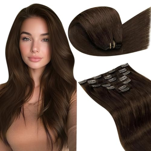 LaaVoo Clip in Extensions Echthaar Braun Haarverlängerung Echthaar Clip in Extensions Dunklebraun Doppelt Tressen 40cm 7PCS 120g #4