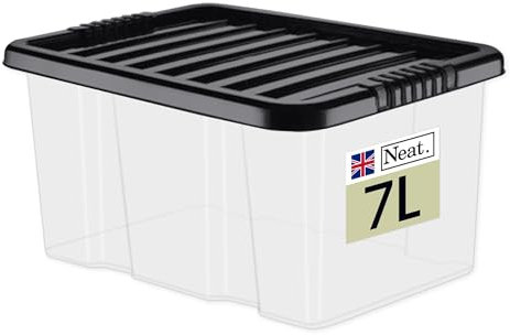 Neat. Plastics 7L Storage Box, Clear Base, Black Lid - Organise Easily with Plastic Storage Box with Lid, Ideal Clear Boxes for Storage, Durable Plastic Boxes with Lids Storage, Pack of 1