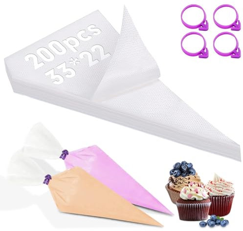 200Pcs Piping Bags Disposable Large Piping Bags Clear Pastry Bag Icing Bags with 4 Bag Ties Strong Icing Bag for Cake Cupcake Dessert Cookies Decoration(33x22cm)