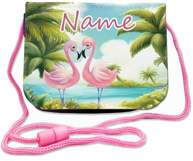 Kinder Brustbeutel mit Name + Schriftartwahl | Klettverschluss mit Schnur zum Umhängen und Klarsichtfach | Geldbeutel personalisiert | 3 Farben (Flamingo)
