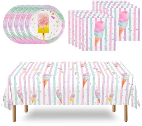 WERNNSAI Eis Party Dekoration – 33 Stück Eiscreme Geburtstagsparty Geschirr Dekoration Kinder Mädchen Eis Rosa Regenbogen Sommerparty Servietten Teller Tischdecke Deko Zubehör Set für 16 Gäste